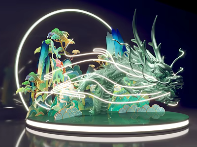 Chinese Traditional Illuminated Dragon Sculpture Photo Spot With Mountains Clouds Trees And Lighting Effects 3d model