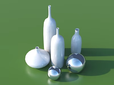 Modern Tableware Set With White Bottles And Silver Spheres On Green Background 3d model