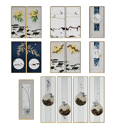 Chinese Ink Painting Wall Art With Bamboo Mountain Bird And Circle Motifs 3d model