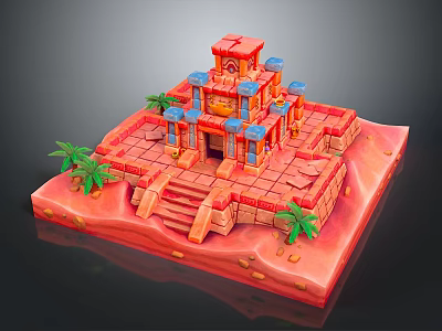 Cartoon Style Ancient Temple Scene Featuring Red Steps Blue Decorations And Palm Trees 3d model