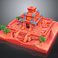 Cartoon Style Ancient Temple Scene Featuring Red Steps Blue Decorations And Palm Trees