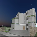 Modern Detached Villa with Curved Glass Facade Multi Storey Structure Balconies Greenery and Sunset View