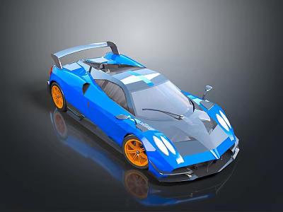 Blue Sports Car With Orange Wheels Rear Spoiler And Sleek Racing Design 3d model