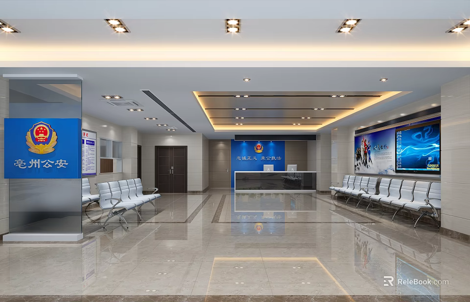 Public Security Bureau Lobby With Reception Desk Chairs And Large Screen 3d model