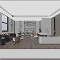Modern Office Interior Design With Sofa Desk Plants And Marble Accent Wall 3d model