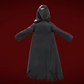Black Hooded Robe With Straps Decorative Details And Tattered Hem On Red Background