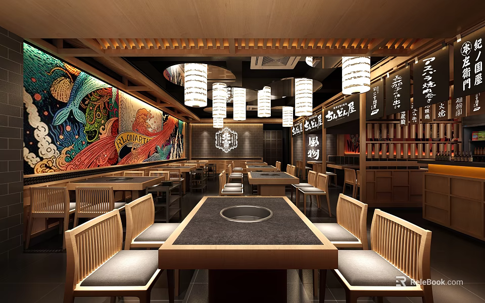 Traditional Japanese Style Hot Pot Restaurant Interior Decor 3d model 