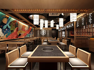 Traditional Japanese Style Hot Pot Restaurant Interior Decor 3d model