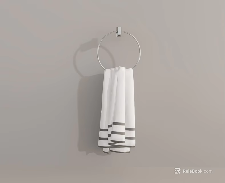 White Towel With Gray Stripes Hanging On Metal Towel Ring Against Light Gray Wall 3d model 