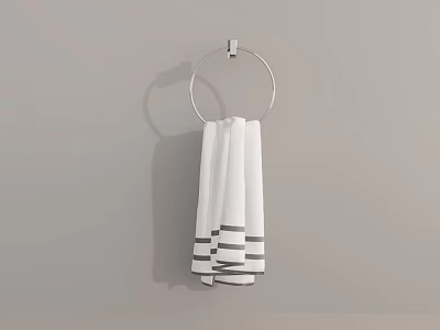 White Towel With Gray Stripes Hanging On Metal Towel Ring Against Light Gray Wall 3d model