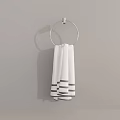White Towel With Gray Stripes Hanging On Metal Towel Ring Against Light Gray Wall