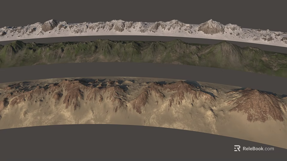 Different Mountain Range Landscapes Featuring Snow Green And Desert Terrain 3d model