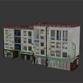 Cartoon Scene Of Multi Story Building With White Exterior Windows Ground Floor Shops And Neon Lights