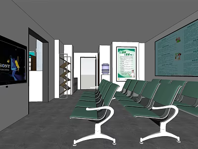 Clean Waiting Room Interior With Green Chairs White Stands Large Screen TV Information Posters Shelves 3d model