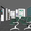 Clean Waiting Room Interior With Green Chairs White Stands Large Screen TV Information Posters Shelves