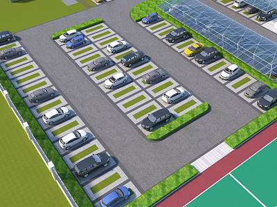 Eco friendly Parking Lot Design with Greenery Separated Spaces and Parked Vehicles 3d model