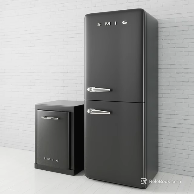 SMEG Black Fridge And Freezer In Modern Kitchen With White Brick Wall 3d model 