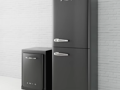 SMEG Black Fridge And Freezer In Modern Kitchen With White Brick Wall 3d model