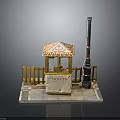 Traditional Ticket Booth With Decorative Roof Wooden Fence Stone Pavement And Tall Pole