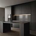Modern Dark Wooden Kitchen Cabinets With Marble Countertop Built-in Oven Lighting