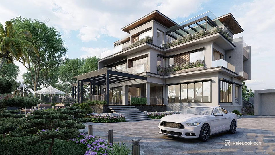 Modern Luxury Detached Villa Exterior With Garden Terrace Greenery And White Car 3d model 