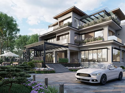 Modern Luxury Detached Villa Exterior With Garden Terrace Greenery And White Car 3d model