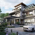 Modern Luxury Detached Villa Exterior With Garden Terrace Greenery And White Car
