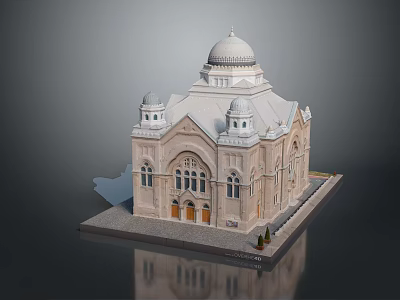 Elegant Stone Building Featuring Central Dome Flanking Domes Arched Windows And Pedestal Base 3d model