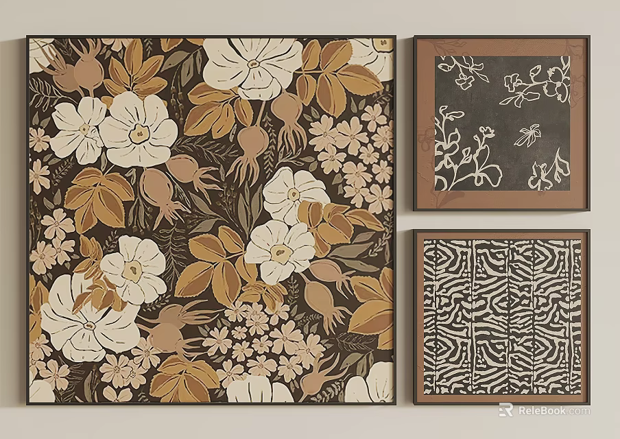 Botanical Art Wall Decor With Floral Patterns And Sketches 3d model