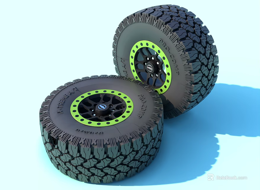 Off Road Tires With Deep Tread Black Rims And Green Accent Rings 3d model 