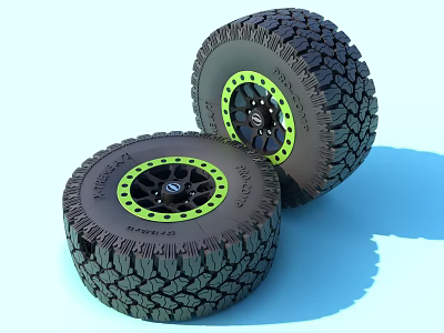 Off Road Tires With Deep Tread Black Rims And Green Accent Rings 3d model
