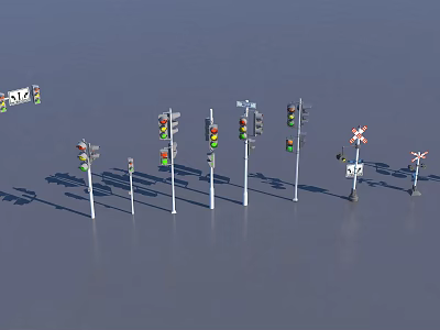 Outdoor Traffic Signal Lights And Road Signs In Various Styles Arranged On Gray Ground 3d model