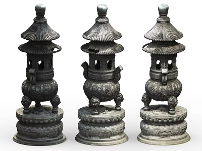Traditional Multi Tiered Ceramic Vessels With Pagoda Shaped Design And Carved Decorations 3d model