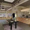 Modern Clothing Store Interior With Purple Door Large Windows Counter And Pendant Light