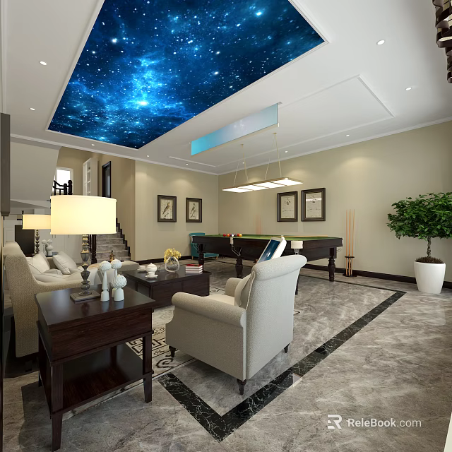Modern Billiard Room With Starry Sky Ceiling Chandelier Sofa Coffee Table And Green Plant 3d model 
