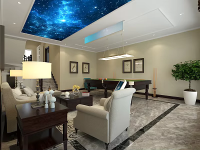 Modern Billiard Room With Starry Sky Ceiling Chandelier Sofa Coffee Table And Green Plant 3d model