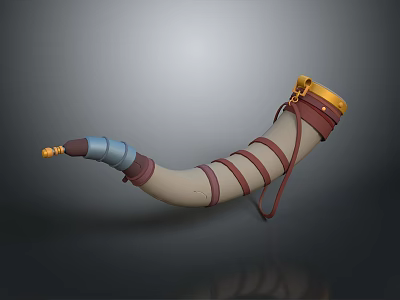 Horn Shaped Decorative Household Item With Yellow Top Brown Straps And Blue Section 3d model