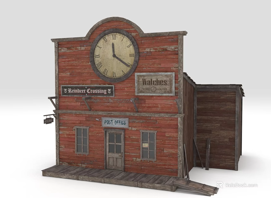 Western Style Building Model With Red Brick Wall Large Clock And Vintage Saloon Signs 3d model 