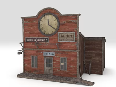 Western Style Building Model With Red Brick Wall Large Clock And Vintage Saloon Signs 3d model