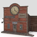 Western Style Building Model With Red Brick Wall Large Clock And Vintage Saloon Signs