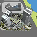 Modern Commercial Street Featuring Retail Shops Pedestrians Benches Fountains and Greenery