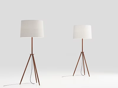 Two Modern Floor Lamps With White Shades And Brown Tripod Bases 3d model