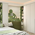 Modern Tatami Bedroom Interior With Tatami Bed Desk Green Chair White Wardrobes And Wooden Floor