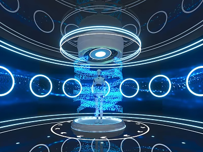 Futuristic Blue Tech Scene Featuring Central Human Figure And Glowing Circular Rings In Digital Environment 3d model