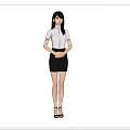 Woman in White Shirt Black Leather Skirt with High Heels Displayed Front Side Back Views