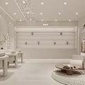 Modern White Clothing Store Interior With Arc Design Display Shelves And Sofa Seating