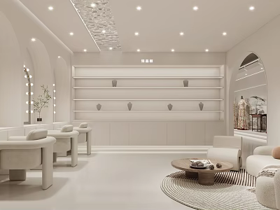 Modern White Clothing Store Interior With Arc Design Display Shelves And Sofa Seating 3d model