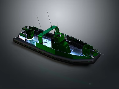 Green Patrol Boat With Modern Design Antennas Equipment Interior Lighting And Black Hull Section 3d model