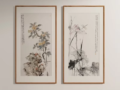 Chinese Traditional Botanical Paintings With Golden Frames Hanging On Wall Featuring Flowers And Calligraphy 3d model