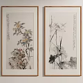 Chinese Traditional Botanical Paintings With Golden Frames Hanging On Wall Featuring Flowers And Calligraphy